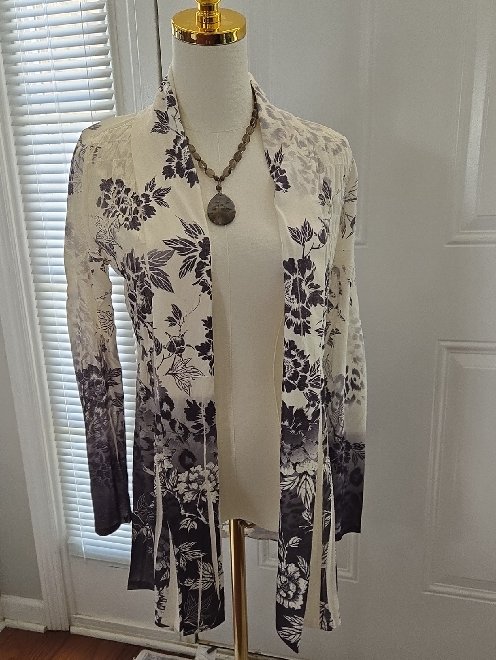 Coldwater Creek Cream and Black Floral Open-Front Cardigan